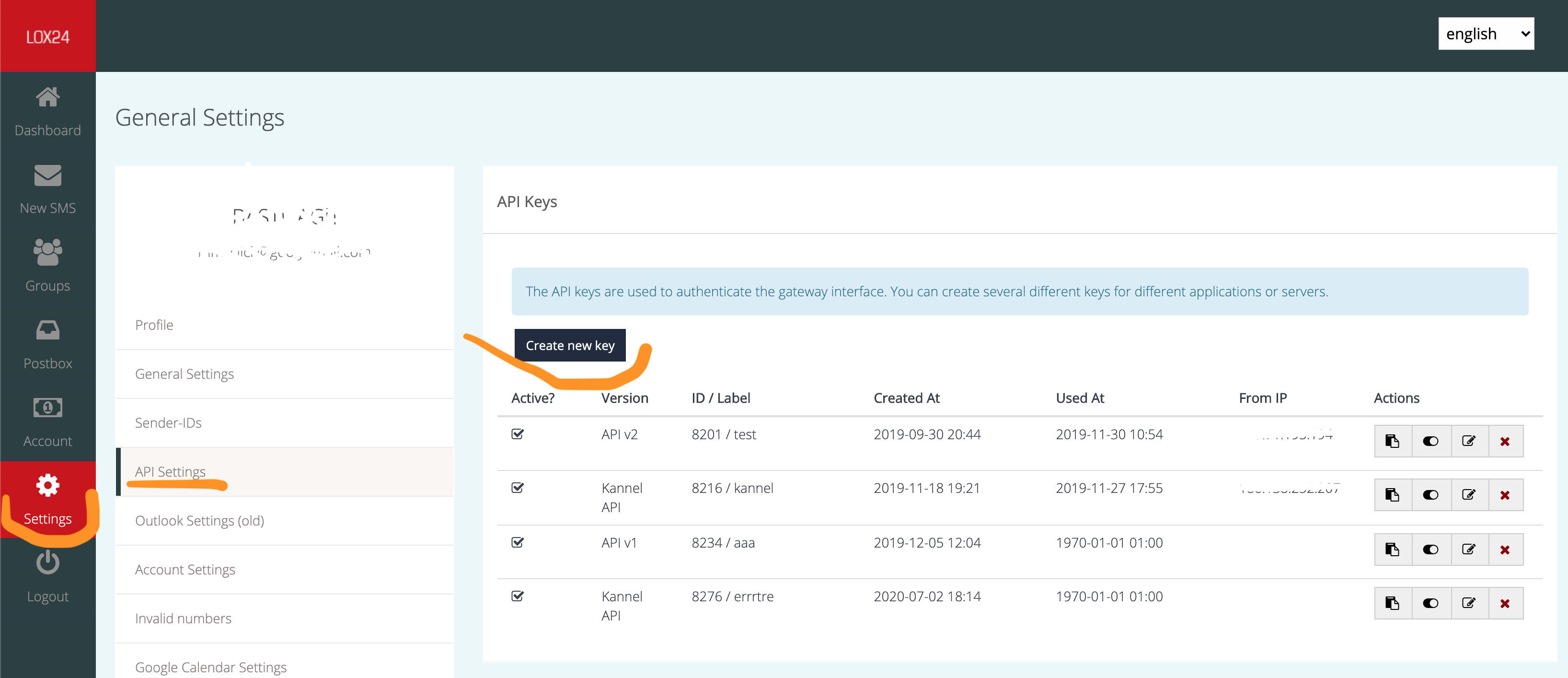 Account page and API key